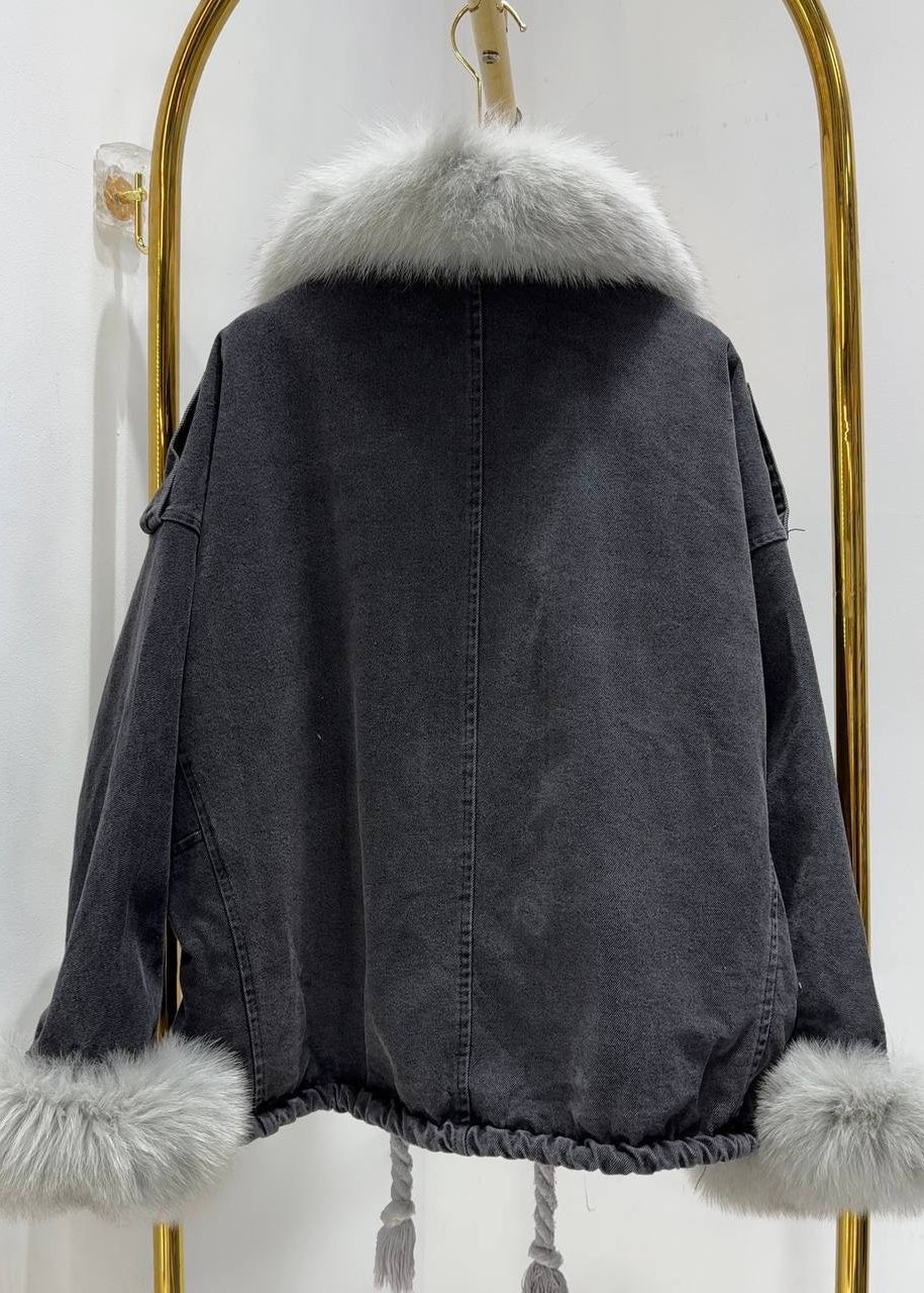 Black Denim Jacket with Gray Fur Collar and Cuffs