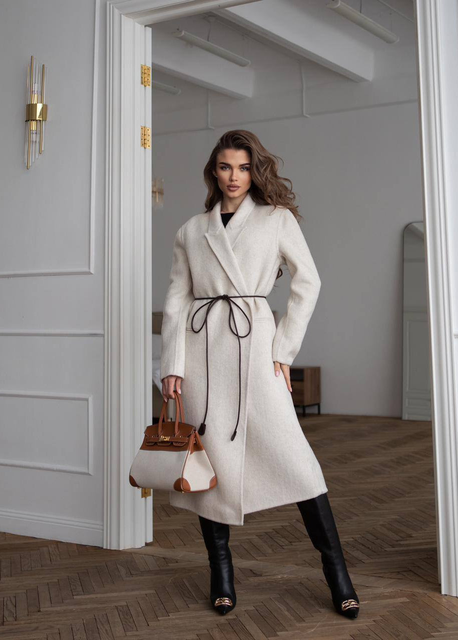 Ivory Wool Wrap Coat with Shawl Collar and Tie Belt