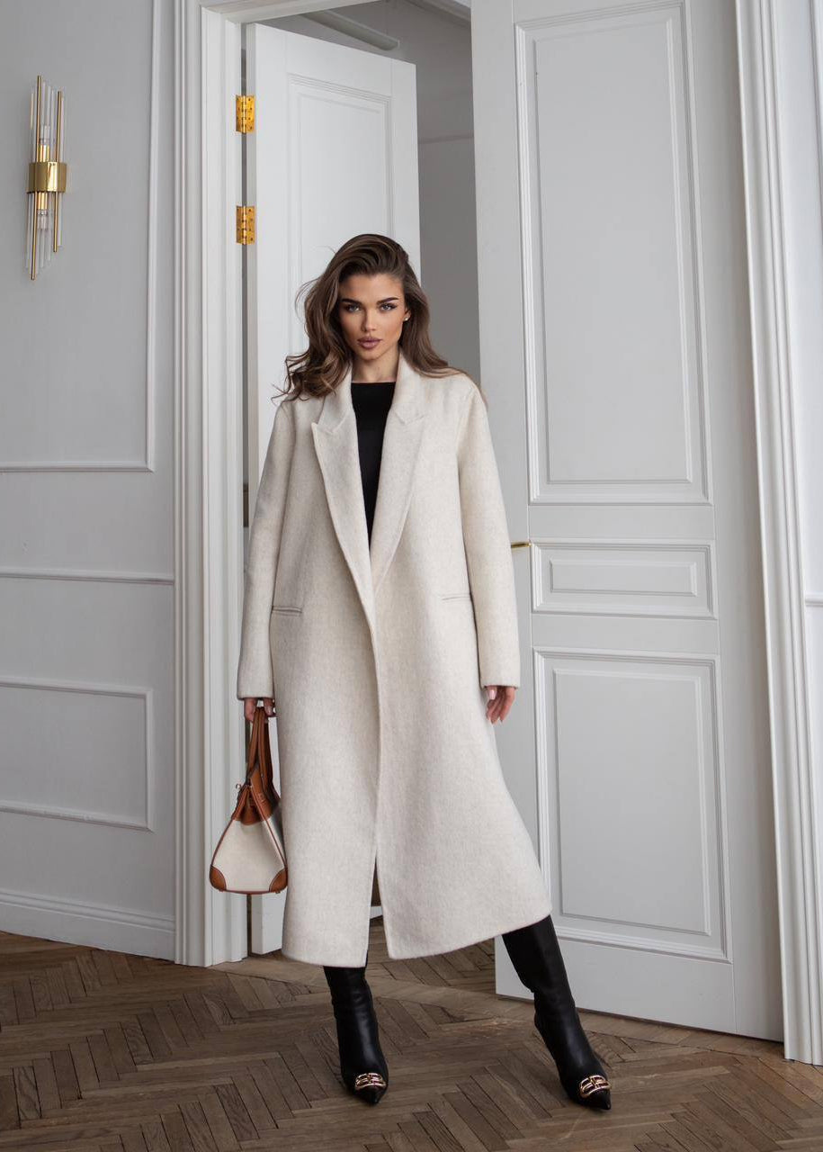 Ivory Wool Wrap Coat with Shawl Collar and Tie Belt