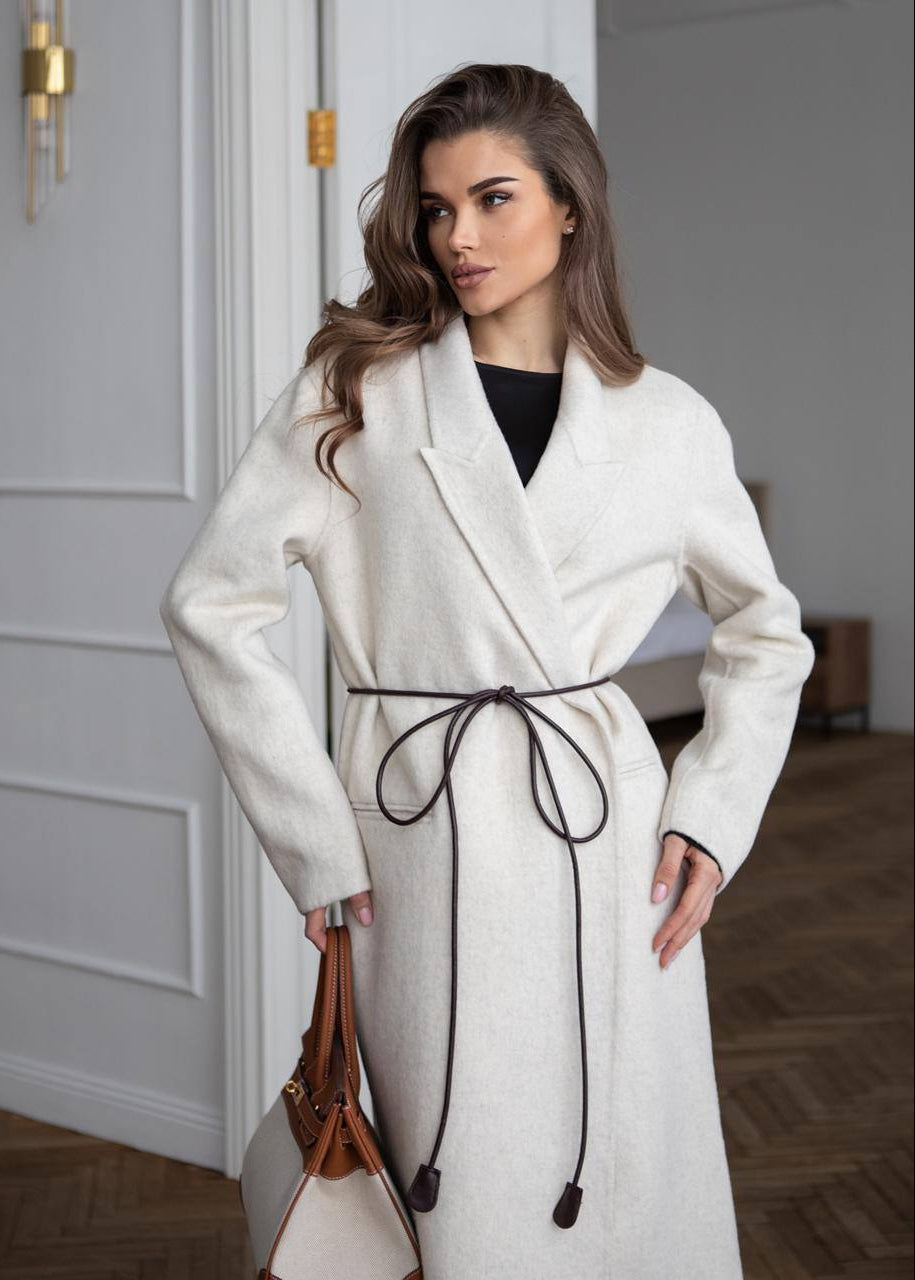 Ivory Wool Wrap Coat with Shawl Collar and Tie Belt