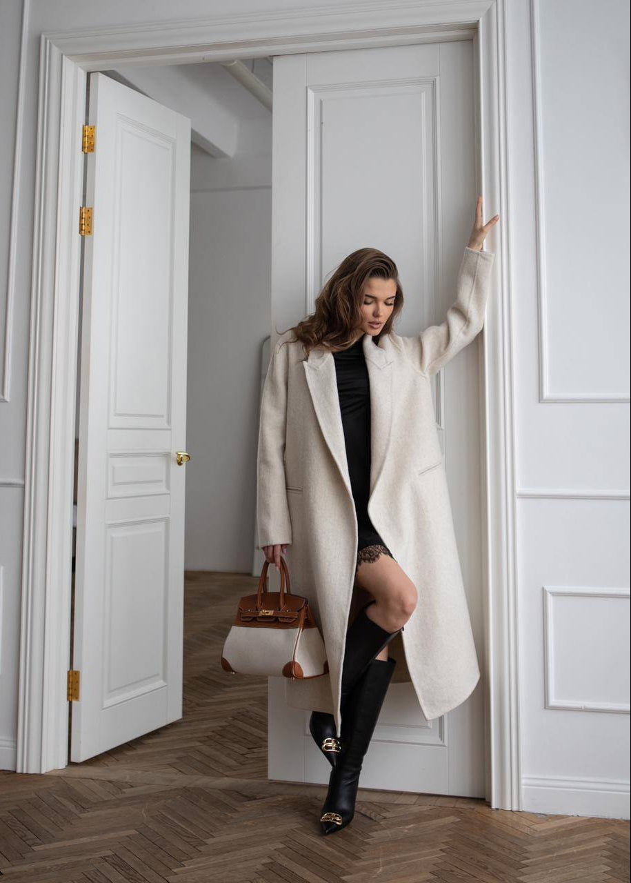 Ivory Wool Wrap Coat with Shawl Collar and Tie Belt