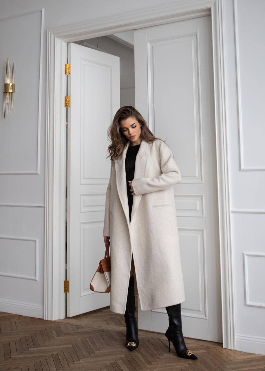 Ivory Wool Wrap Coat with Shawl Collar and Tie Belt