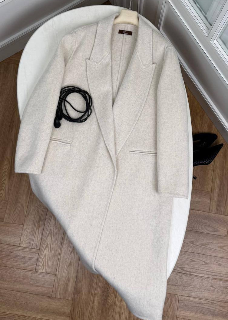 Ivory Wool Wrap Coat with Shawl Collar and Tie Belt