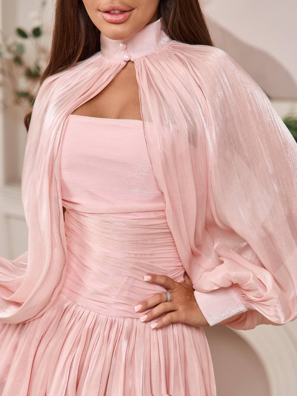 Pink Mini Dress with Cape-Effect Balloon Sleeves and Ruched Bodice