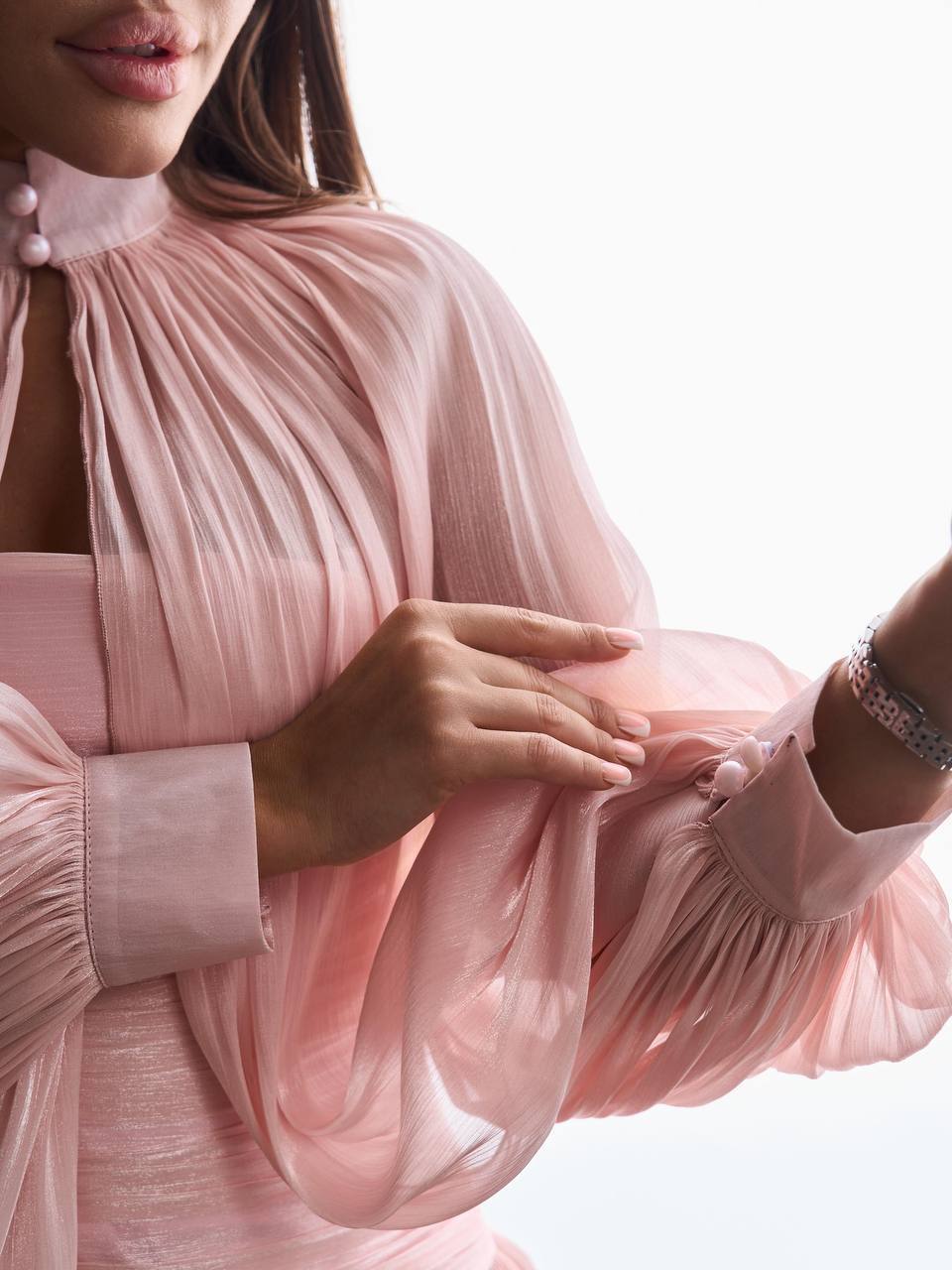 Pink Mini Dress with Cape-Effect Balloon Sleeves and Ruched Bodice