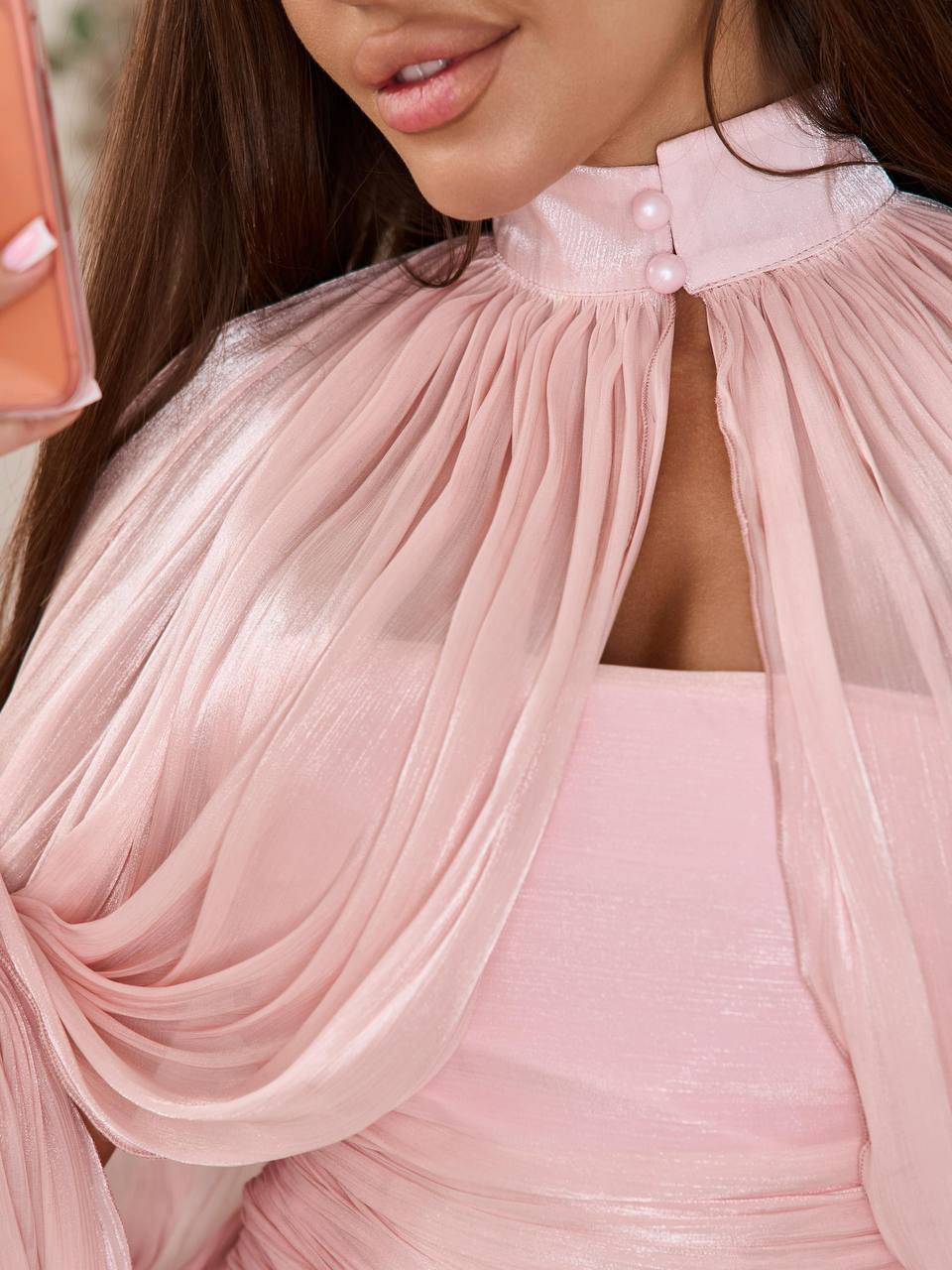 Pink Mini Dress with Cape-Effect Balloon Sleeves and Ruched Bodice