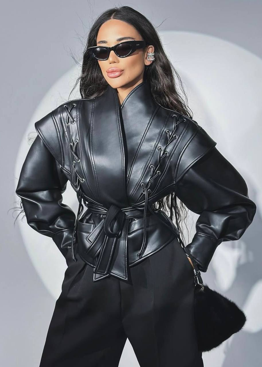 Black Faux Leather Jacket with Lace-Up Shoulders and Tie Belt
