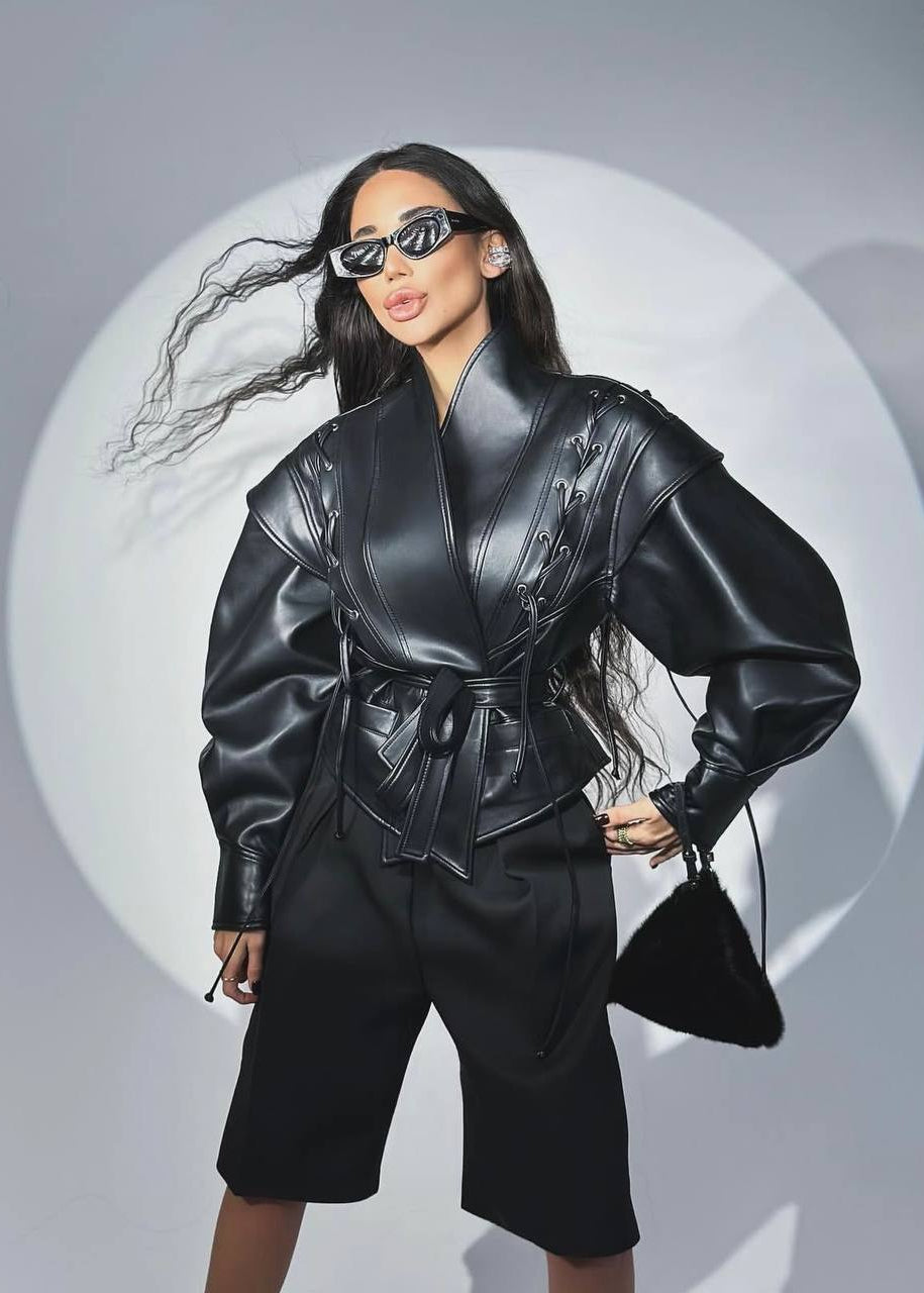 Black Faux Leather Jacket with Lace-Up Shoulders and Tie Belt