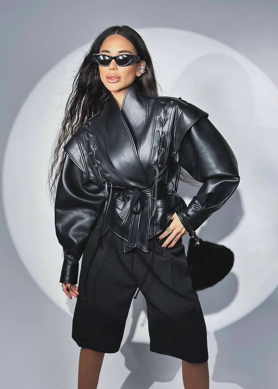 Black Faux Leather Jacket with Lace-Up Shoulders and Tie Belt