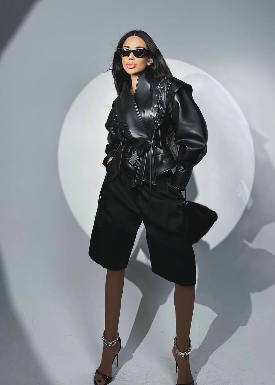 Black Faux Leather Jacket with Lace-Up Shoulders and Tie Belt