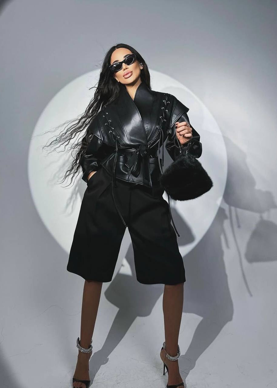 Black Faux Leather Jacket with Lace-Up Shoulders and Tie Belt