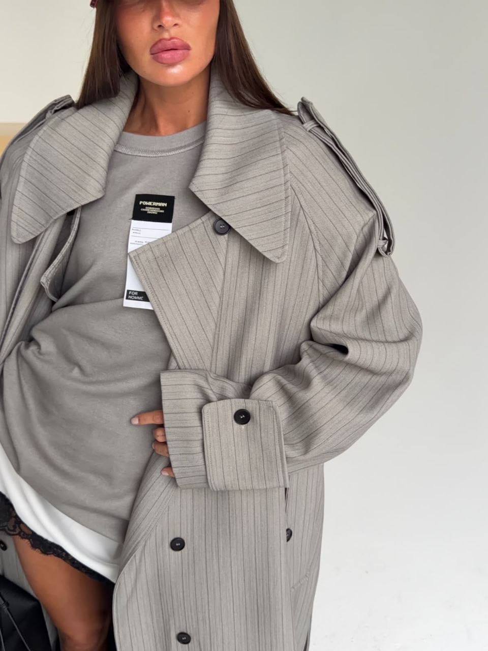 Gray Pinstripe Long Trench Coat with Belted Waist