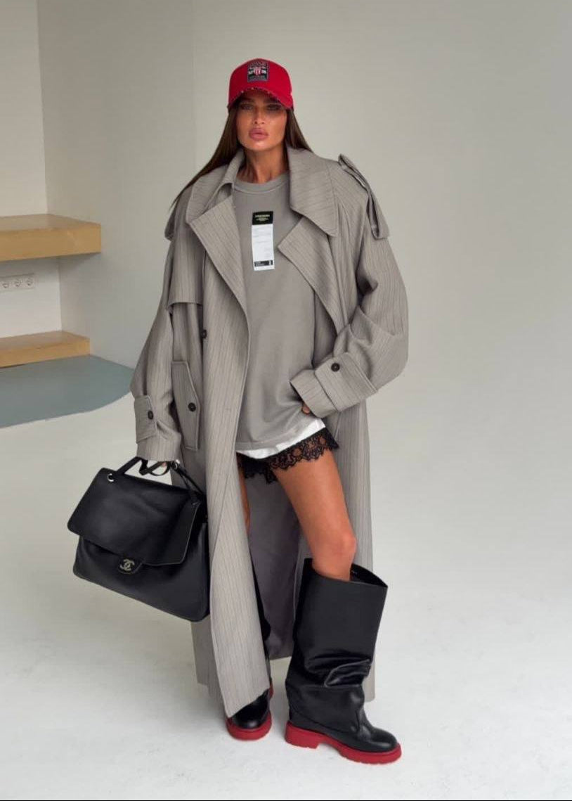Gray Pinstripe Long Trench Coat with Belted Waist
