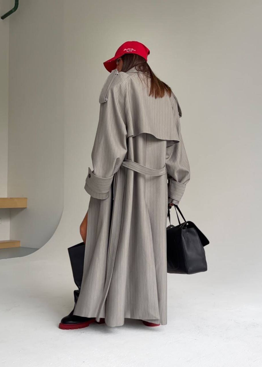Gray Pinstripe Long Trench Coat with Belted Waist