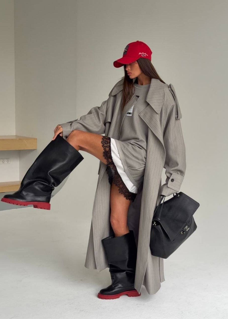 Gray Pinstripe Long Trench Coat with Belted Waist
