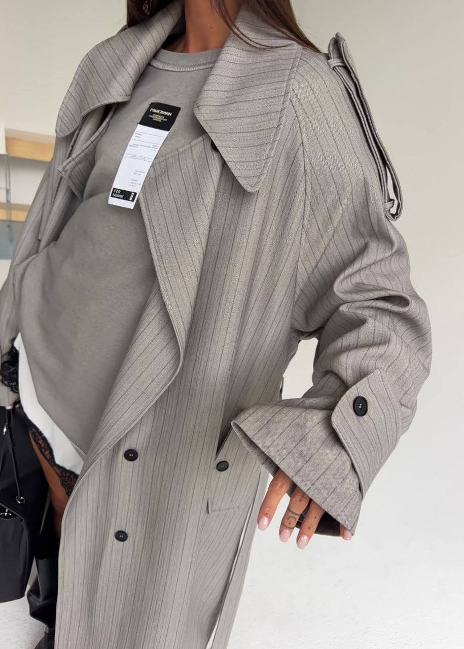 Gray Pinstripe Long Trench Coat with Belted Waist