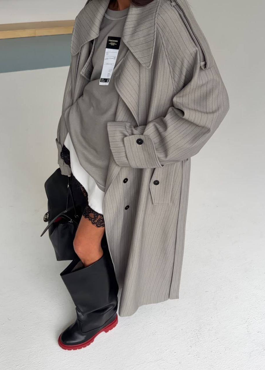 Gray Pinstripe Long Trench Coat with Belted Waist