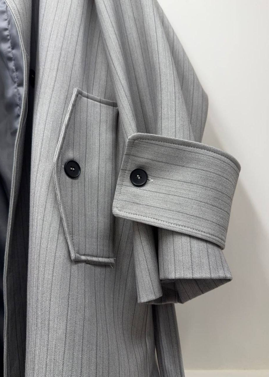 Gray Pinstripe Long Trench Coat with Belted Waist