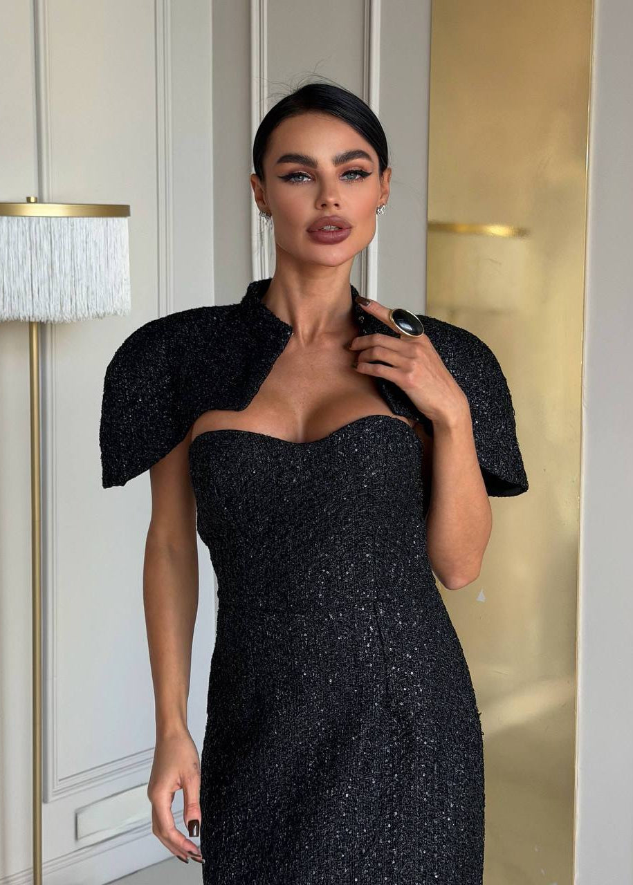 Gold Glitter Cape Maxi Dress with High Neck