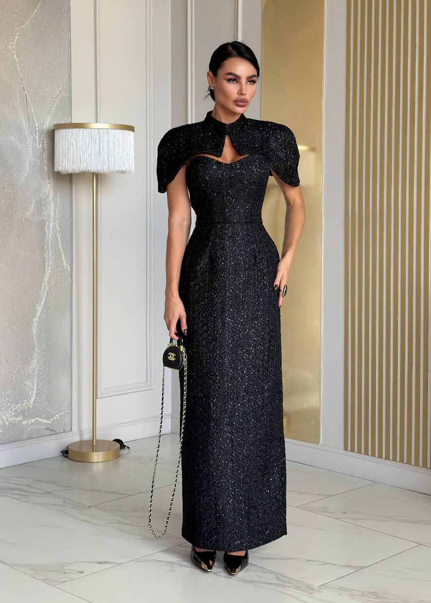 Gold Glitter Cape Maxi Dress with High Neck