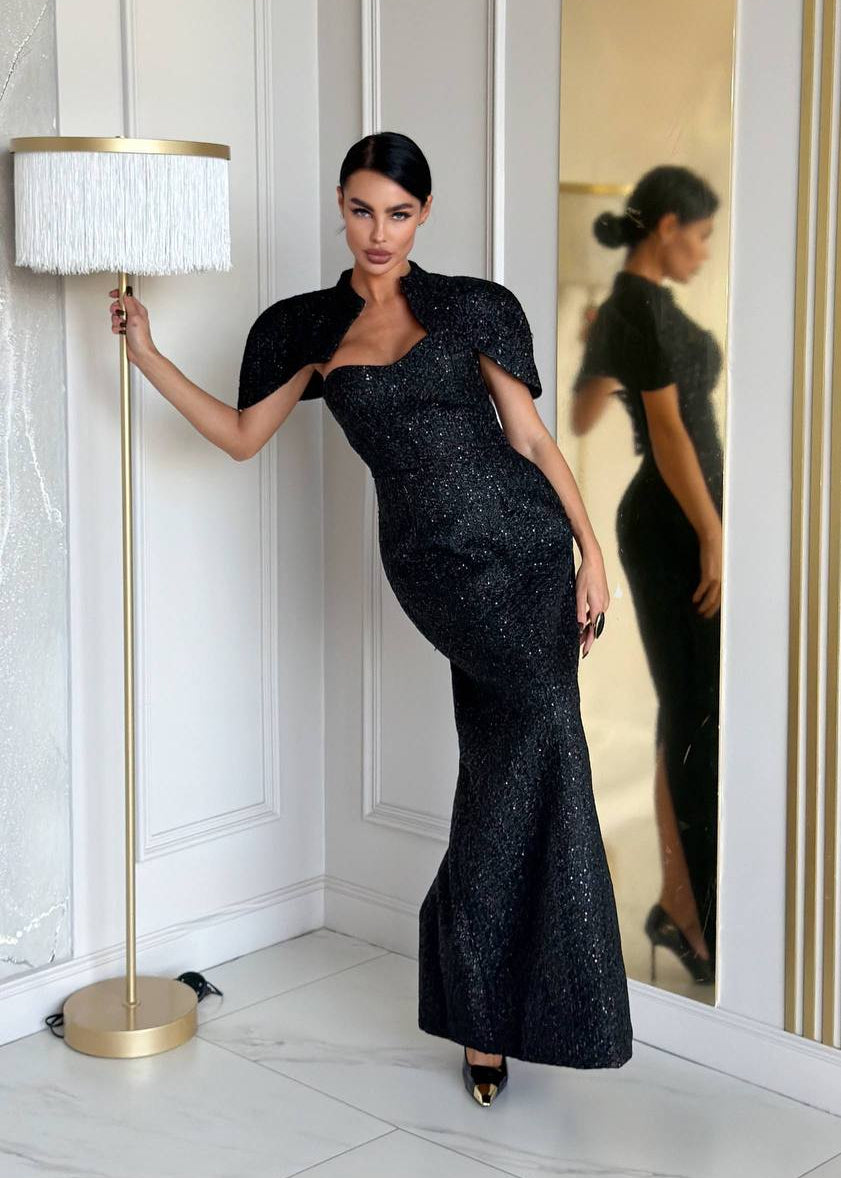 Gold Glitter Cape Maxi Dress with High Neck