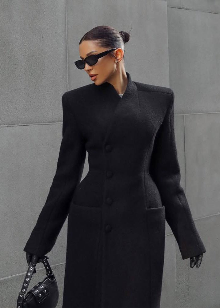 Black Structured Maxi Coat with Sculpted Waist and Flared Cuffs