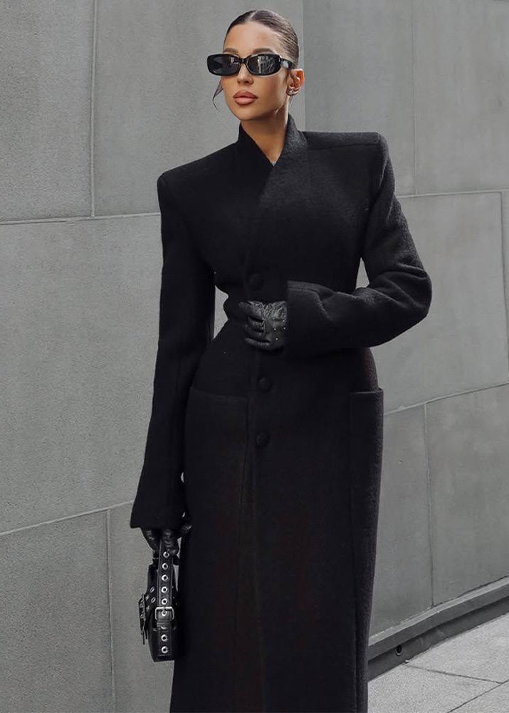 Black Structured Maxi Coat with Sculpted Waist and Flared Cuffs
