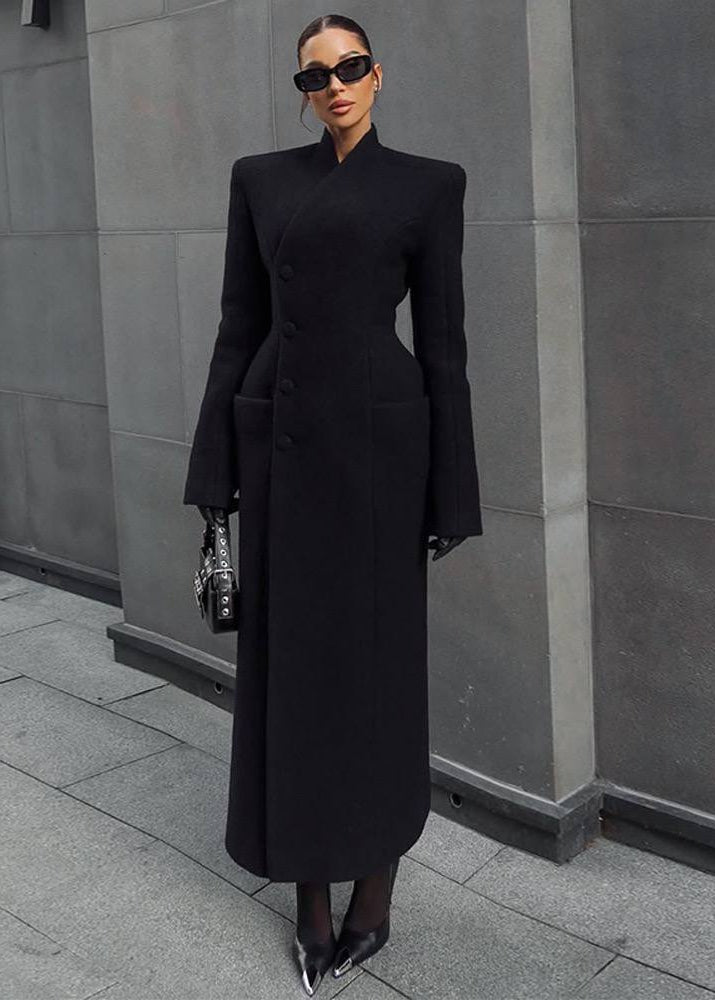 Black Structured Maxi Coat with Sculpted Waist and Flared Cuffs