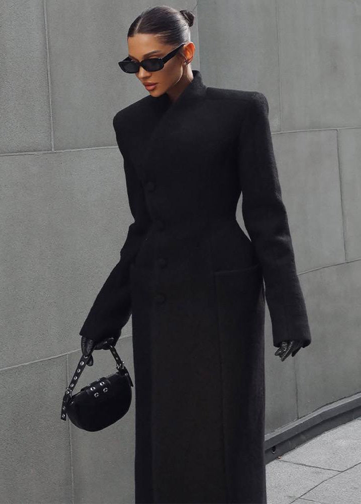 Black Structured Maxi Coat with Sculpted Waist and Flared Cuffs