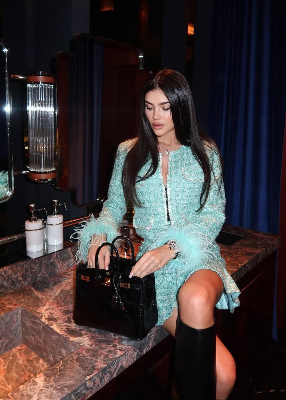 Mint Sequin Tweed Jacket and Ruffle Mini Skirt Set with Feather Cuffs