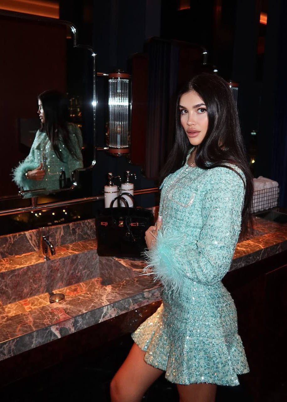 Mint Sequin Tweed Jacket and Ruffle Mini Skirt Set with Feather Cuffs