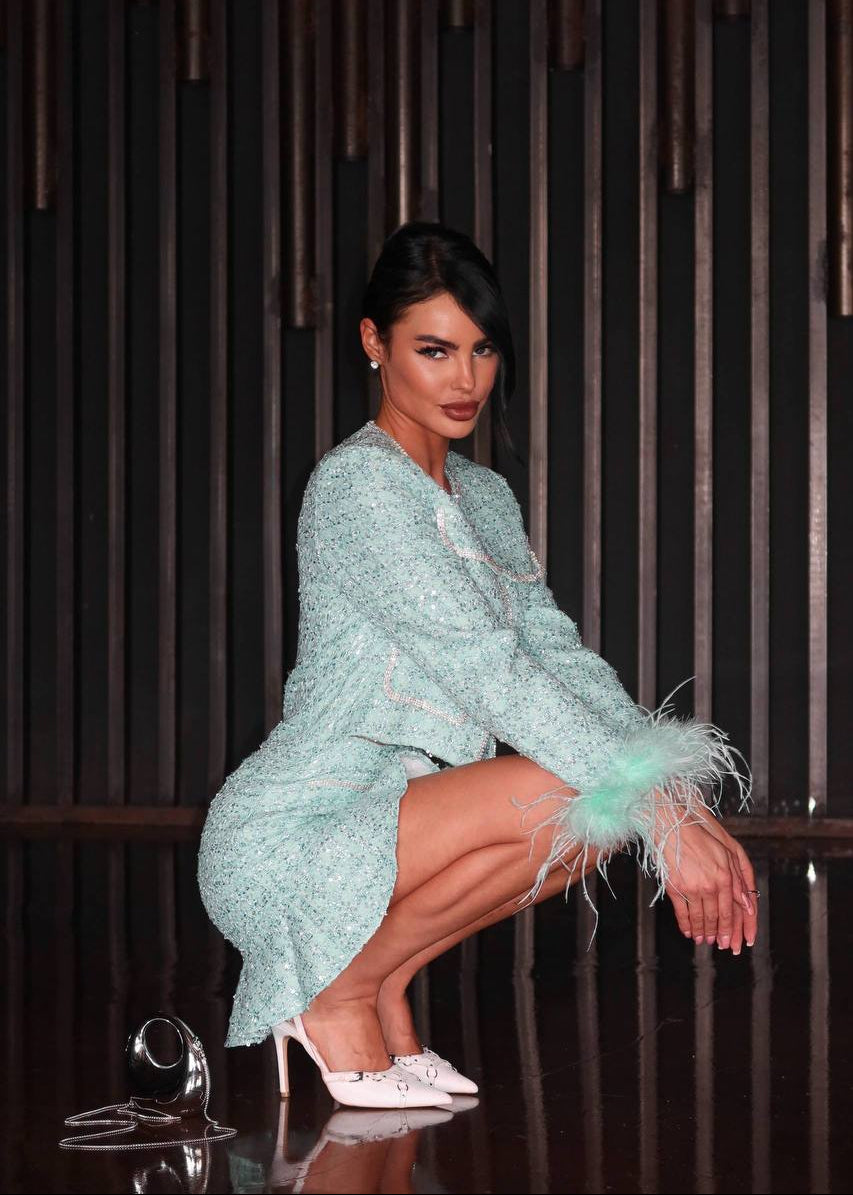Mint Sequin Tweed Jacket and Ruffle Mini Skirt Set with Feather Cuffs