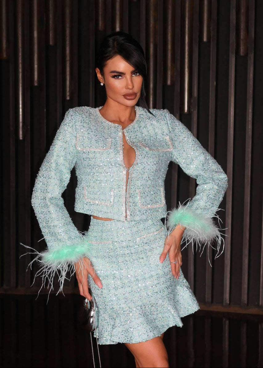 Mint Sequin Tweed Jacket and Ruffle Mini Skirt Set with Feather Cuffs