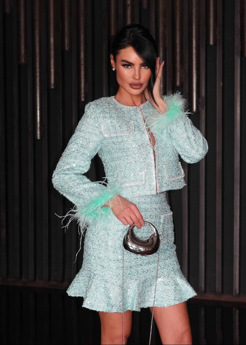 Mint Sequin Tweed Jacket and Ruffle Mini Skirt Set with Feather Cuffs