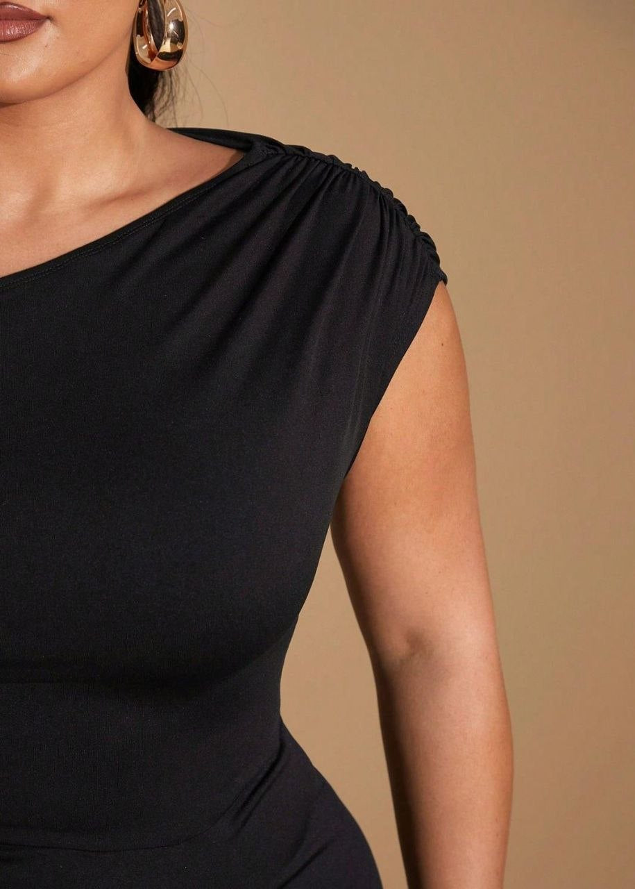 One-Shoulder Draped Maxi Dress with Ruched Waist and Front Slit