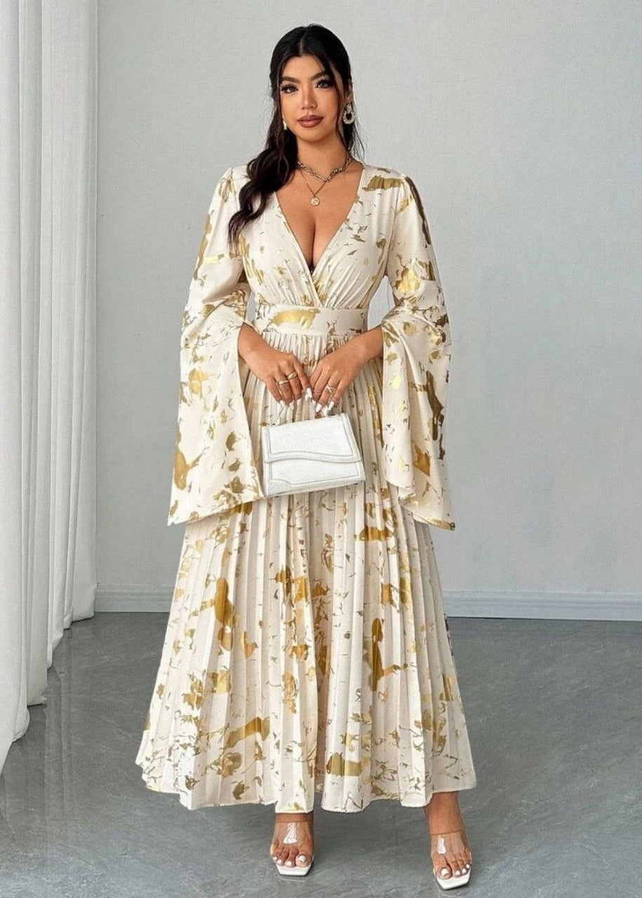 Ivory and Gold Floral Maxi Dress with Bell Sleeves and Pleated Skirt