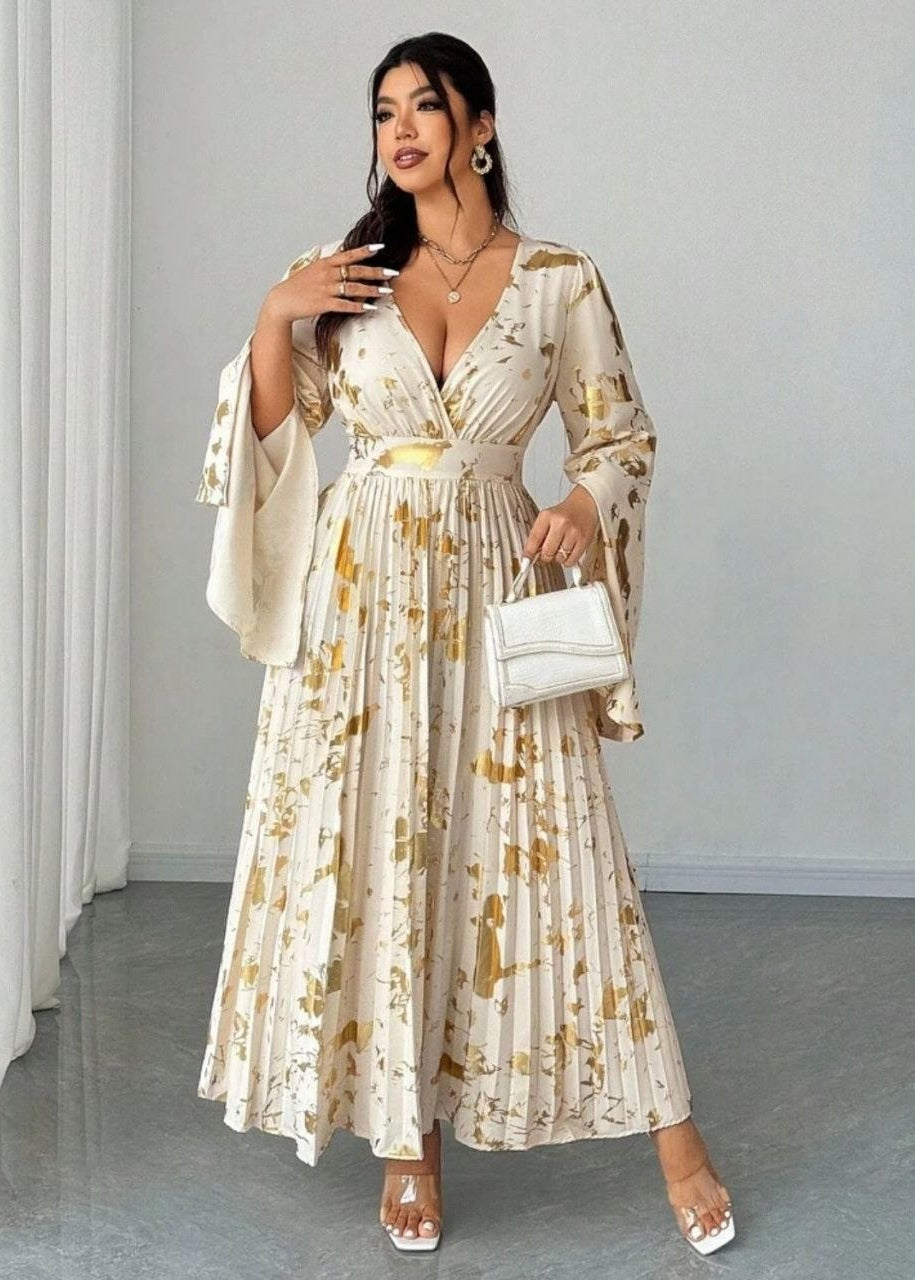 Ivory and Gold Floral Maxi Dress with Bell Sleeves and Pleated Skirt