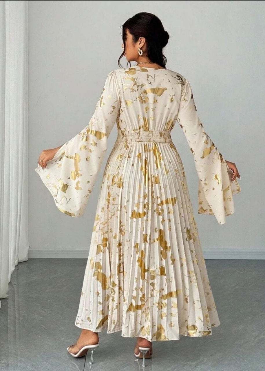 Ivory and Gold Floral Maxi Dress with Bell Sleeves and Pleated Skirt