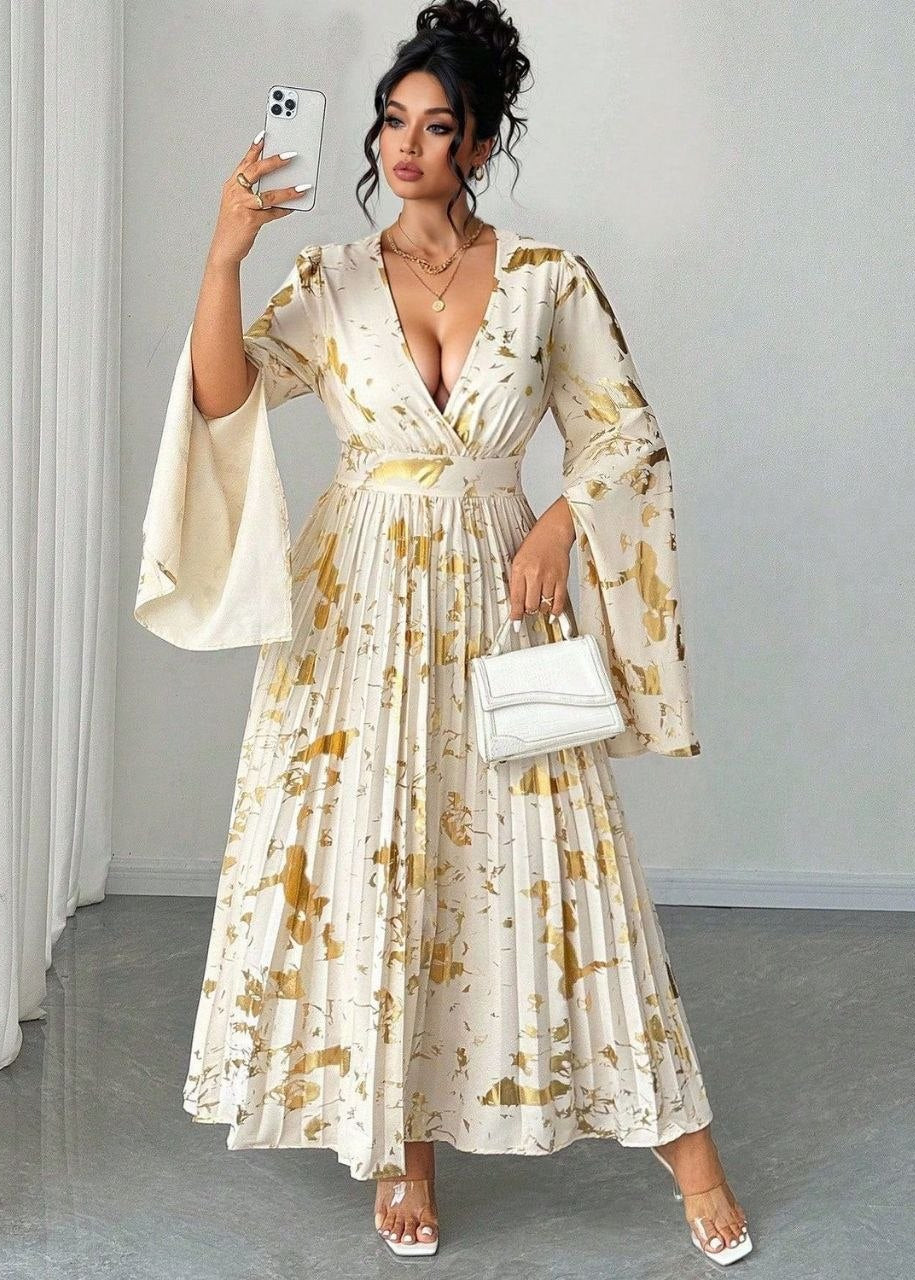 Ivory and Gold Floral Maxi Dress with Bell Sleeves and Pleated Skirt