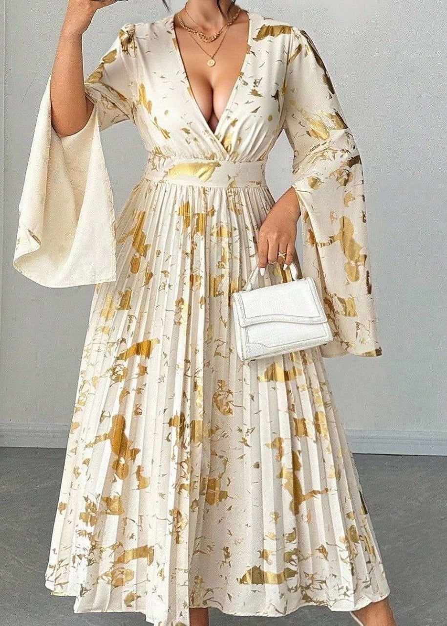 Ivory and Gold Floral Maxi Dress with Bell Sleeves and Pleated Skirt