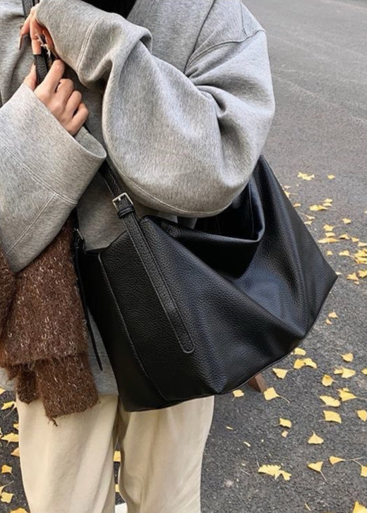 Bolso grande y suave de hombro – Bolso hobo tote de cuero PU negro para mujer
