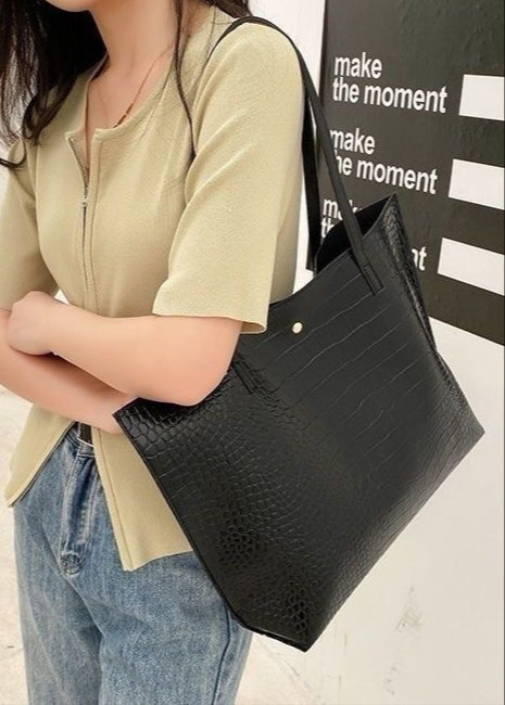 Bolso tote grande de hombro negro de cuero PU con relieve de cocodrilo