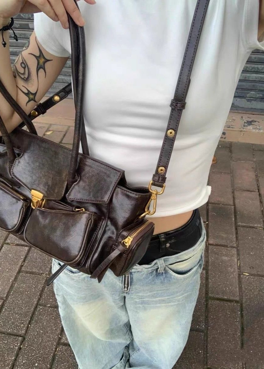 Bolso Vintage Marrón Multi-Bolsillos para Hombro – Bolso Tote de Cuero PU con Correa Ajustable