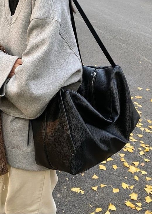 Bolso grande y suave de hombro – Bolso hobo tote de cuero PU negro para mujer