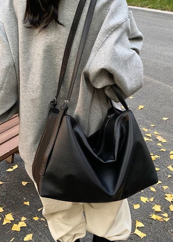 Bolso grande y suave de hombro – Bolso hobo tote de cuero PU negro para mujer