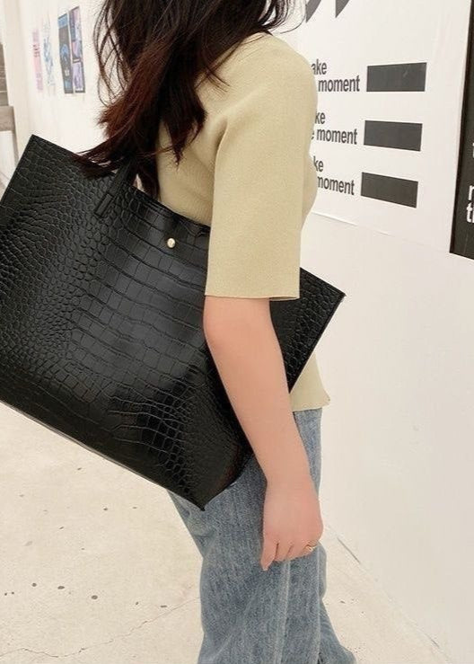 Bolso tote grande de hombro negro de cuero PU con relieve de cocodrilo