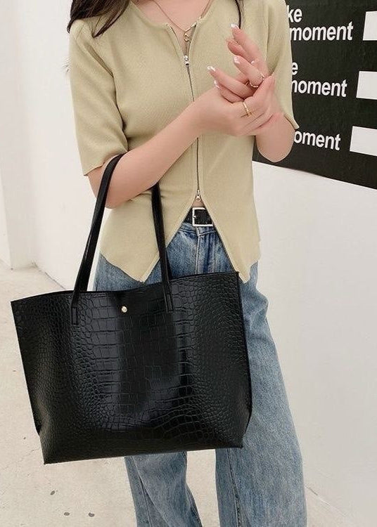 Bolso tote grande de hombro negro de cuero PU con relieve de cocodrilo