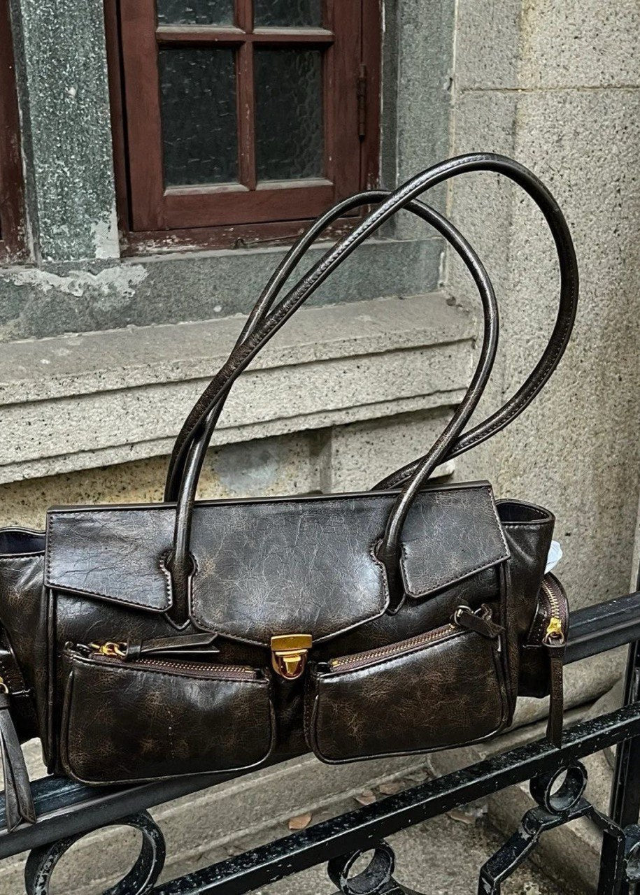 Bolso Vintage Marrón Multi-Bolsillos para Hombro – Bolso Tote de Cuero PU con Correa Ajustable