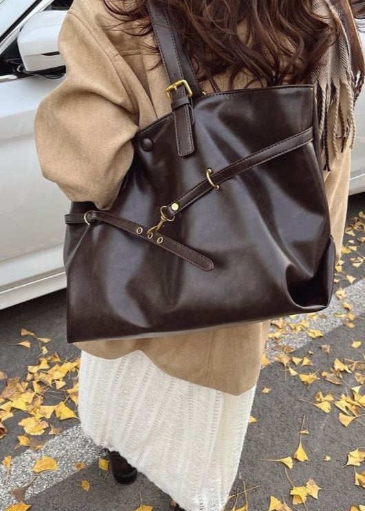Bolso Tote de Hombro Sobredimensionado de Cuero PU – Bolso Grande Marrón para Mujer
