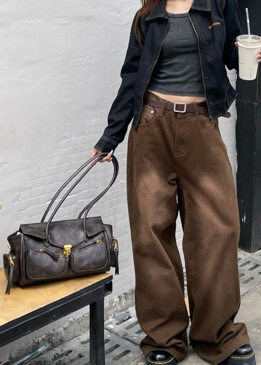 Bolso Vintage Marrón Multi-Bolsillos para Hombro – Bolso Tote de Cuero PU con Correa Ajustable
